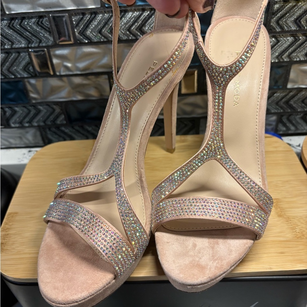 Pelle Moda Blush Pink Crystal T-Strap Stiletto Sandals